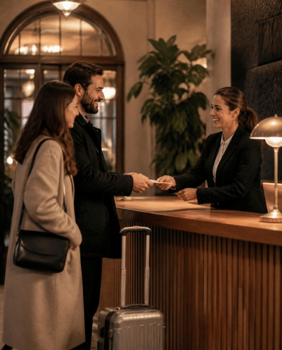 Hotel receptionist welcoming guests at the front desk