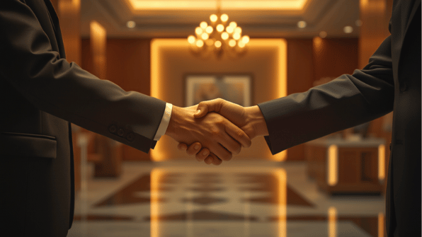 Two business professionals shaking hands in an elegant, modern hotel lobby