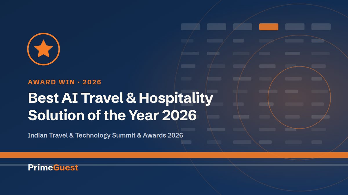 PrimeGuest award card: Best AI Travel & Hospitality Solution of the Year 2026, Indian Travel & Technology Summit & Awards 2026