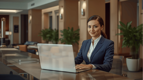 A hotel receptionist working on a laptop at a modern hotel lobby front desk