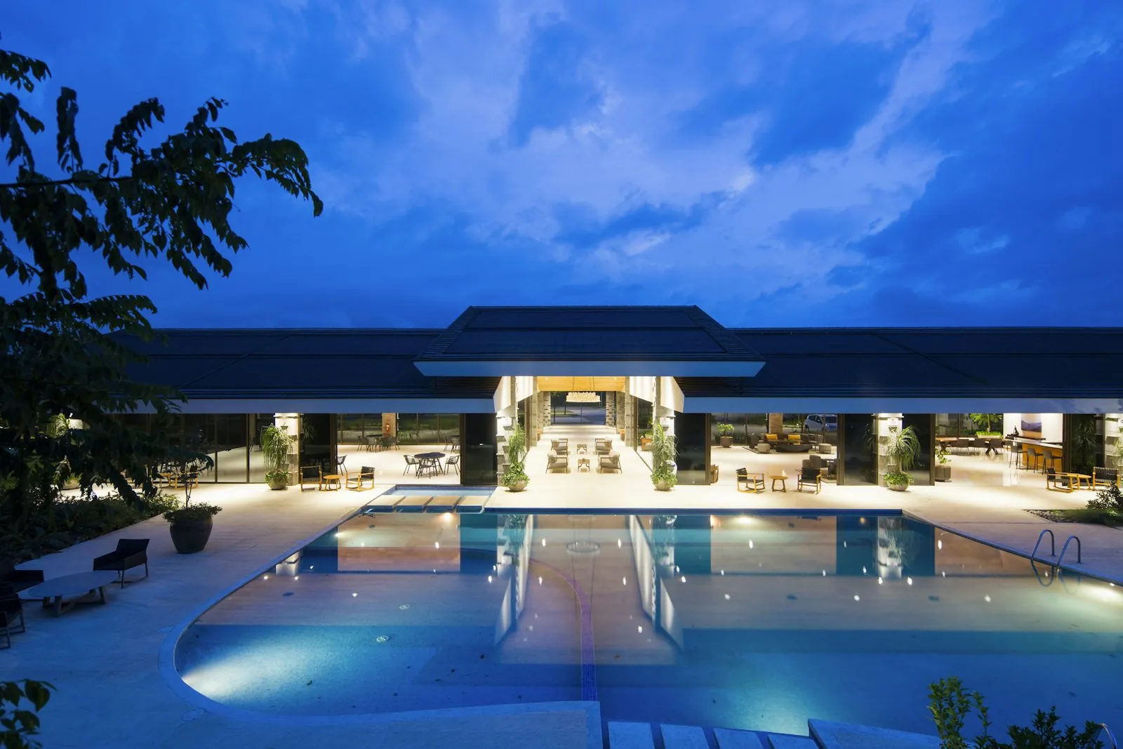 An independent hotel at dusk
